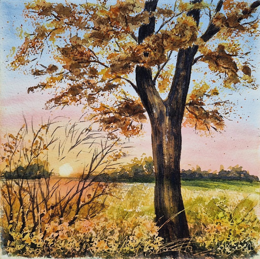 Inspiriert durch Sonnenuntergänge im Herbst, Aquarell, quadratisches Format