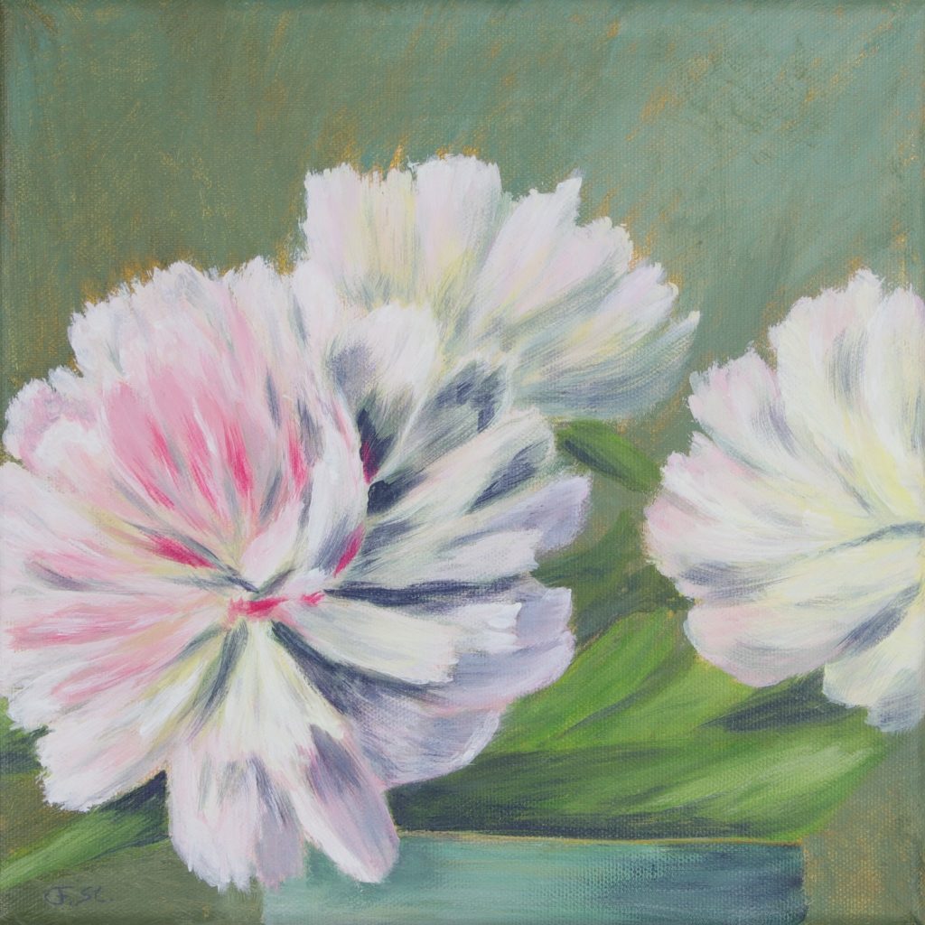 Hellrosa Pfingsrosen in Vase vor grünem Hintergrund, Acryl auf Leinwand, 25x25 cm, Stamer