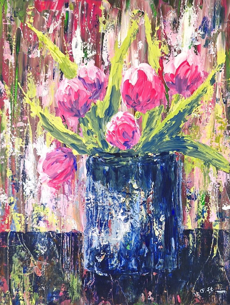 "Spring Fever" pinke Tulpen in blauer Vase auf abstraktem Hintergrund, Acryl auf Papier, Serie Spring Tulips, Stamer