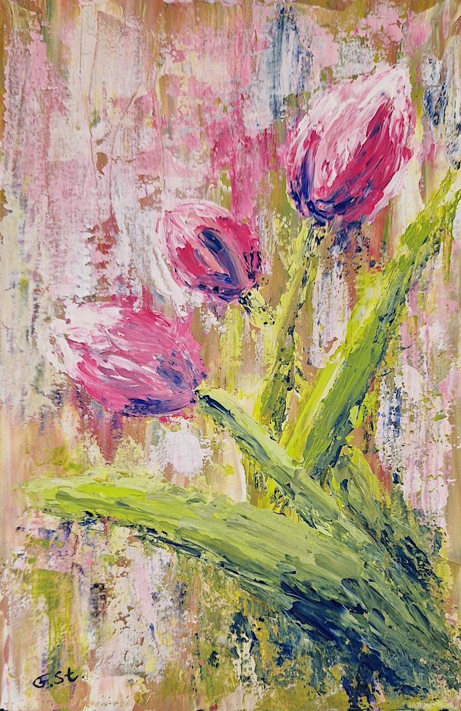 "Spring Vibes" pinke Tulpen auf abstraktem Hintergrund, Acryl auf Papier, Serie Spring Tulips