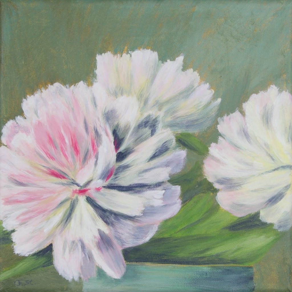 Spring in a vase - Pfingstrosen in Vase mit grünem Hintergrund, Acryl auf Leinwand, Serie Blumenportraits