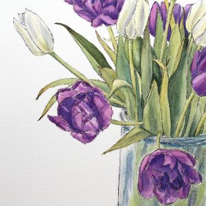 Frühlingserwachen, Tulpen in Aquarell auf Papier, Stamer, 18x26 cm