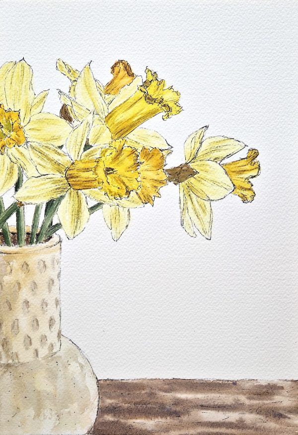Gelbe Freude, Narzissen in Aquarell und Tinte auf Papier, Stamer, 18x26cm