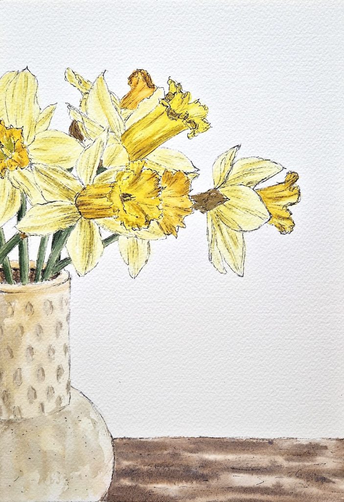 Gelbe Freude, Narzissen in Aquarell und Tinte auf Papier, Stamer, 18x26cm